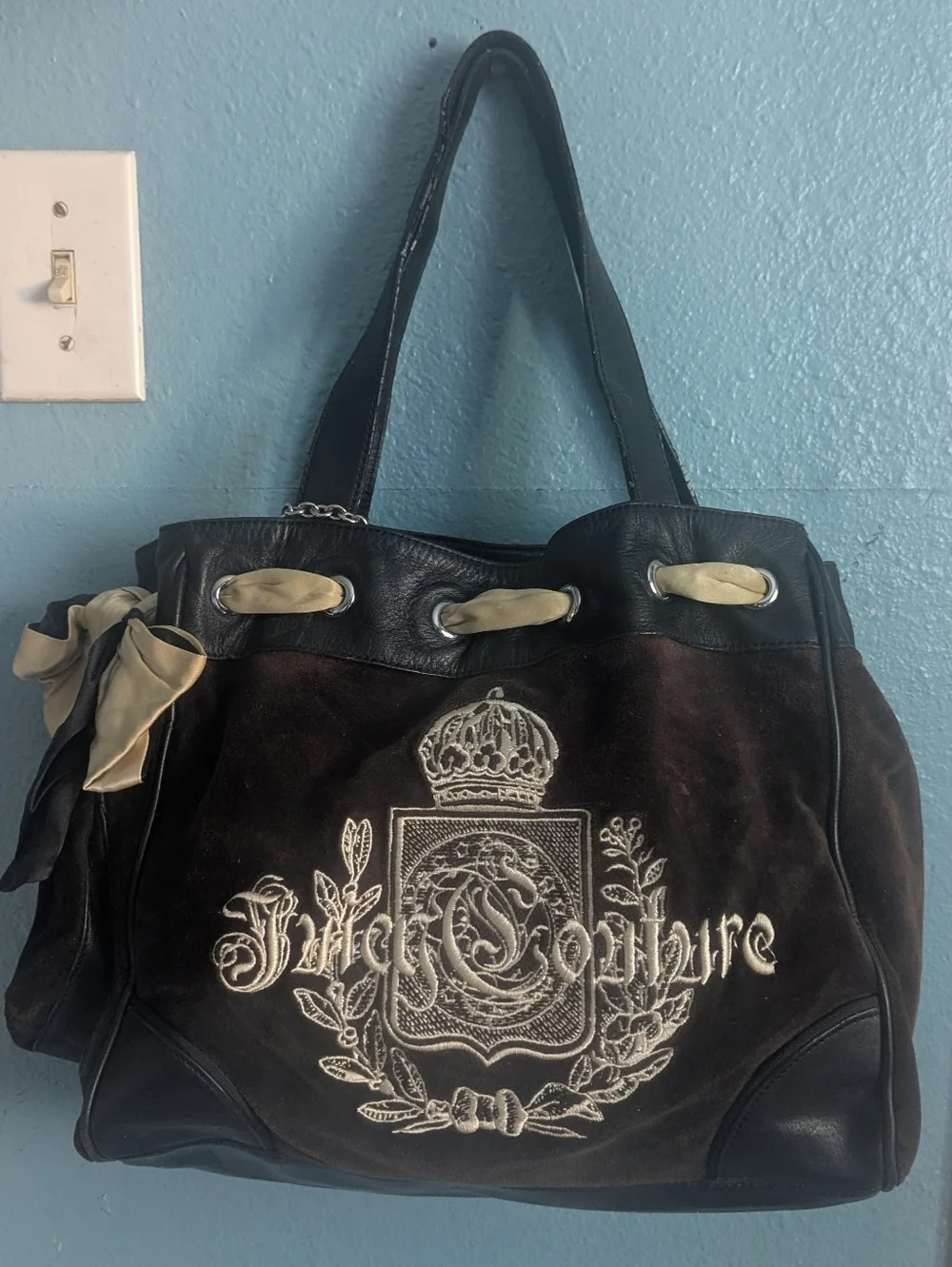 Juicy Couture Brown & Black Suede Embroidered Tote with Cream Accents
